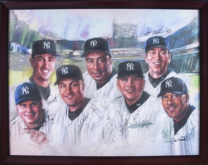 New York Yankees Multi Signed Canvas Print With 7 Signatures Including Jeter, Rodriguez & Sheffield In 44x34 Framed Display (JSA)